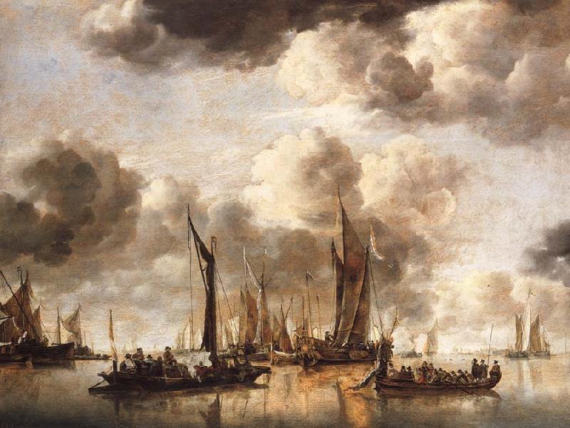 Jan van de Cappelle A Dutch Yacht Firing a Salute as a Barge Pulls Away and Many Small vessels at Anchor oil painting image